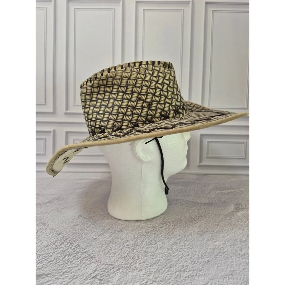 Mens Woven Straw Cowboy Hat Tan Black Wide Brim Western Sun Hat with Chin Strap